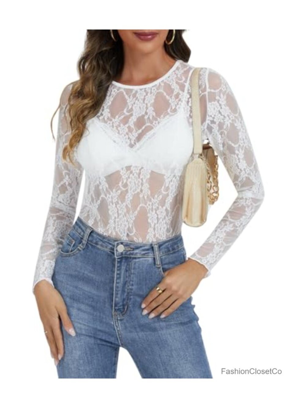 Women's Sheer Lace Long Sleeve Crew Neck Floral T-Shirt